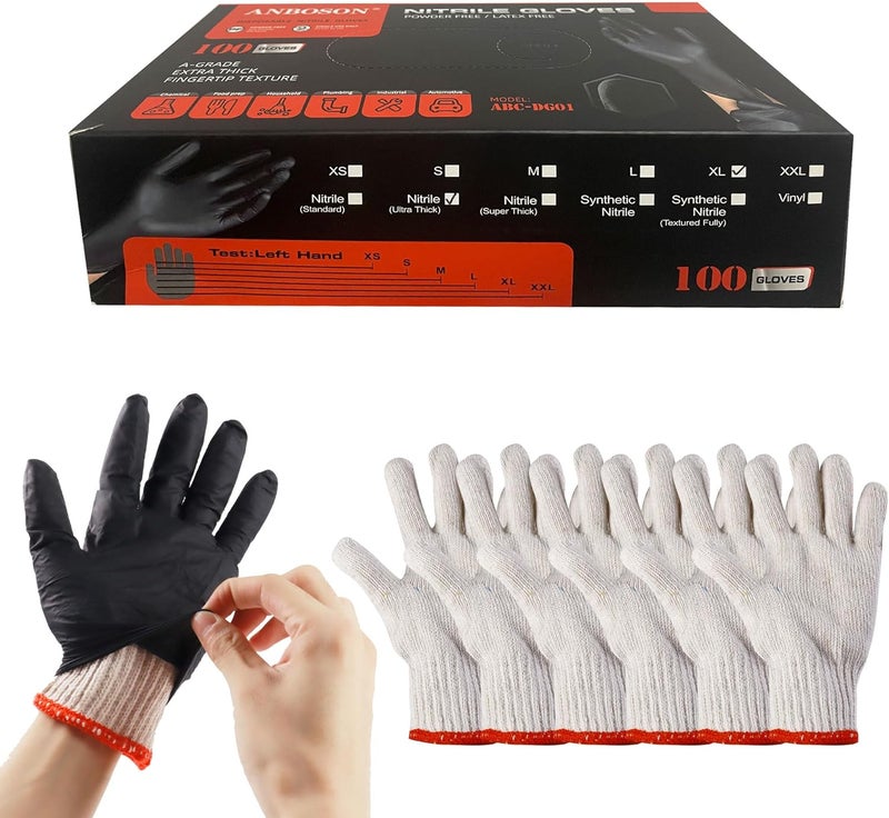 FYOUNG BBQ Gloves 6 Cotton Glove Liners and 100 Disposable Nitrile Gloves,Washable Cotton Liners Powder Latex Free Nitrile Gloves,Applies to Cooking Baking Grilling. - Image 1